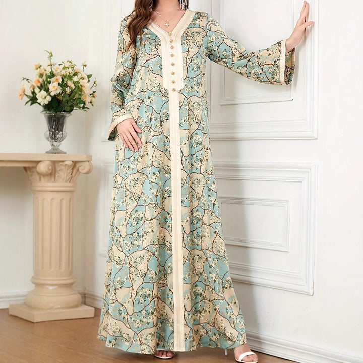 Damen Maxikleid mit kunstvollem Blumenmuster und Knopfdetails Drune