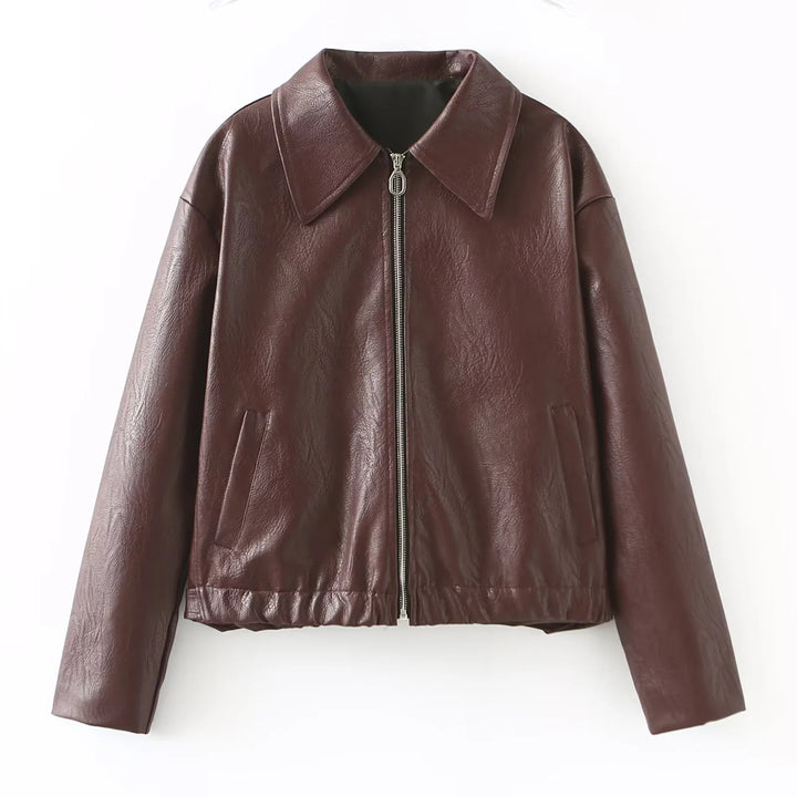 Damen nan kastig geschnittene Kunstlederjacke mit durchgehendem Reißverschluss und elastischem Saum Drune