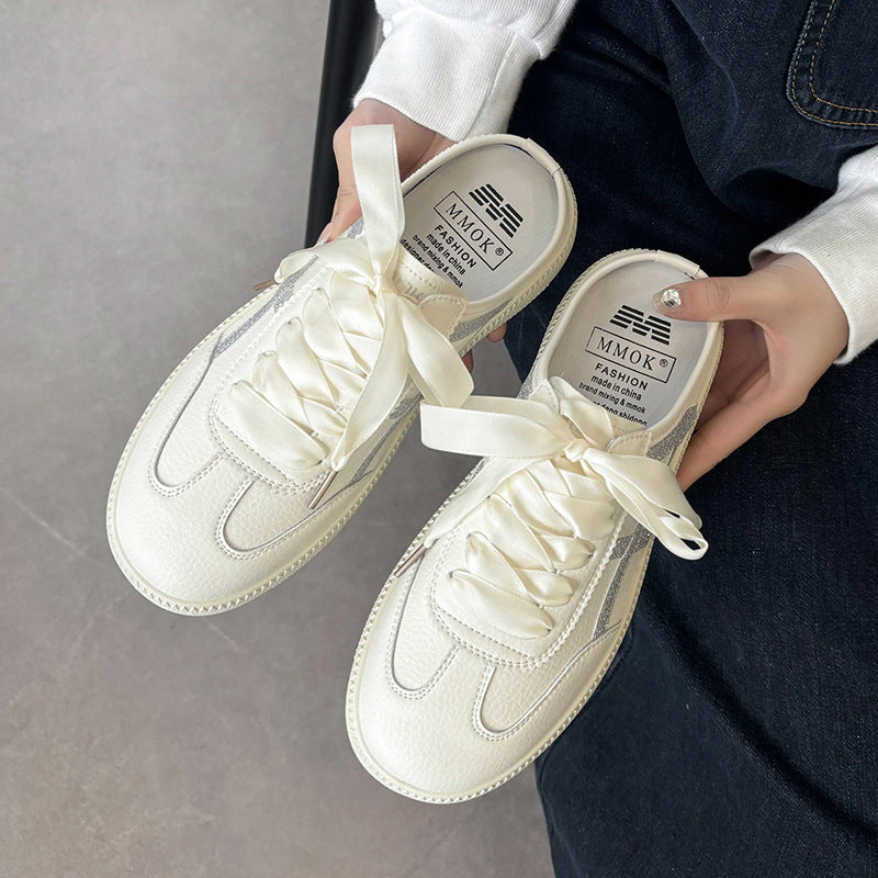 Damen Satin-Schnürpantoffel Mule-Sneaker mit offener Fersenpartie und Metallic-Optik Drune