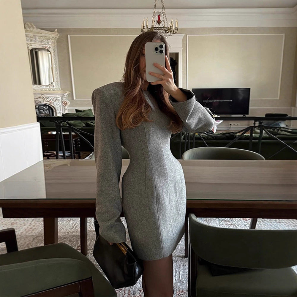 Damen Tailliertes Wollmix-Minikleid mit betonter Taille und langen Ärmeln Drune