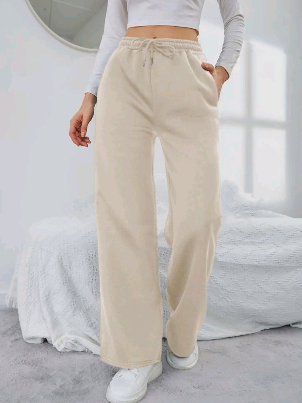 Damen nan High‑Waist Wide‑Leg Jogginghose mit elastischem Komfortbund, Kordelzug und tiefen Eingrifftaschen Drune