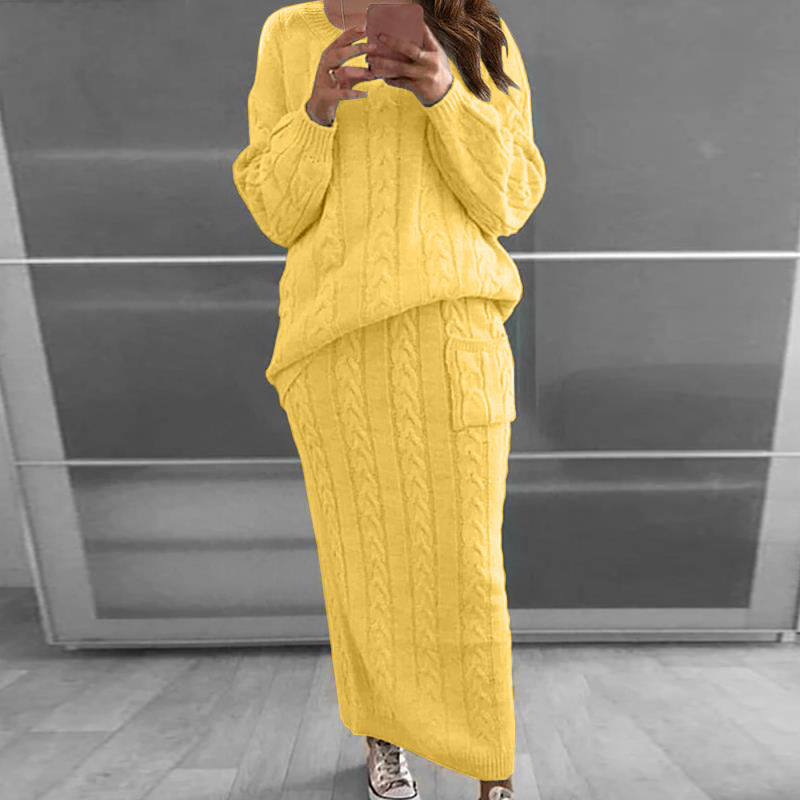 Damen nan Strickset Oversized Zopfmuster-Pullover und Maxi-Bleistiftrock mit aufgesetzter Tasche Drune