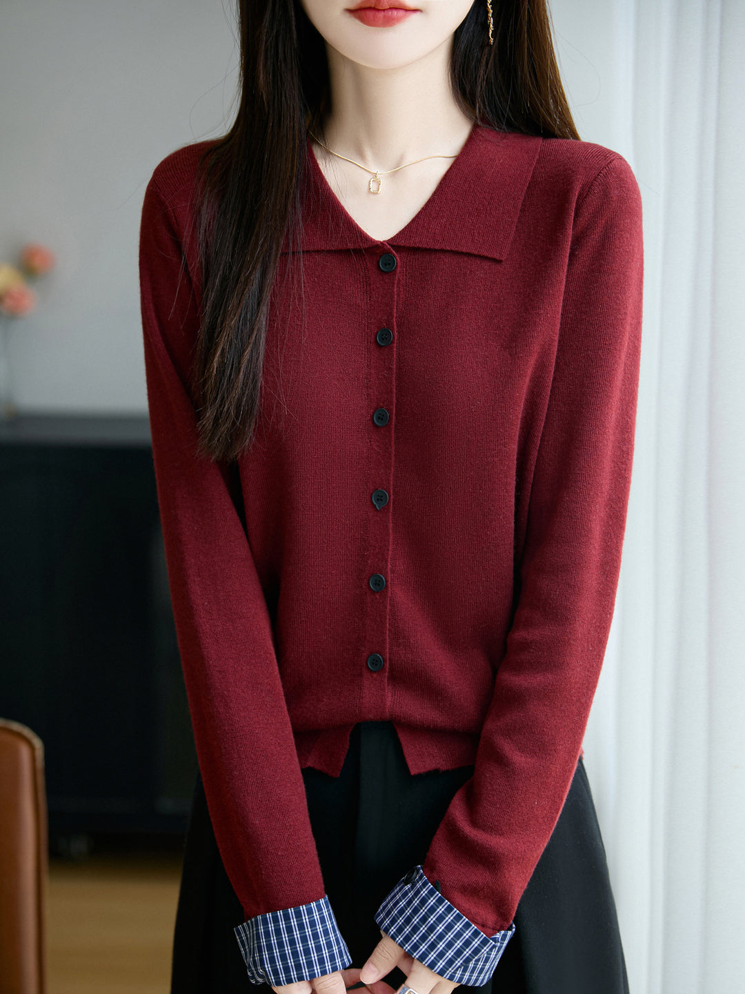 Damen Leichter Feinstrick-Cardigan mit breitem Hemdkragen und Frontknopfleiste Drune