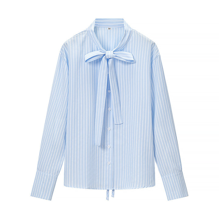 Damen Gestreifte Bluse mit Schleifenkragen und durchgehender Knopfleiste Drune