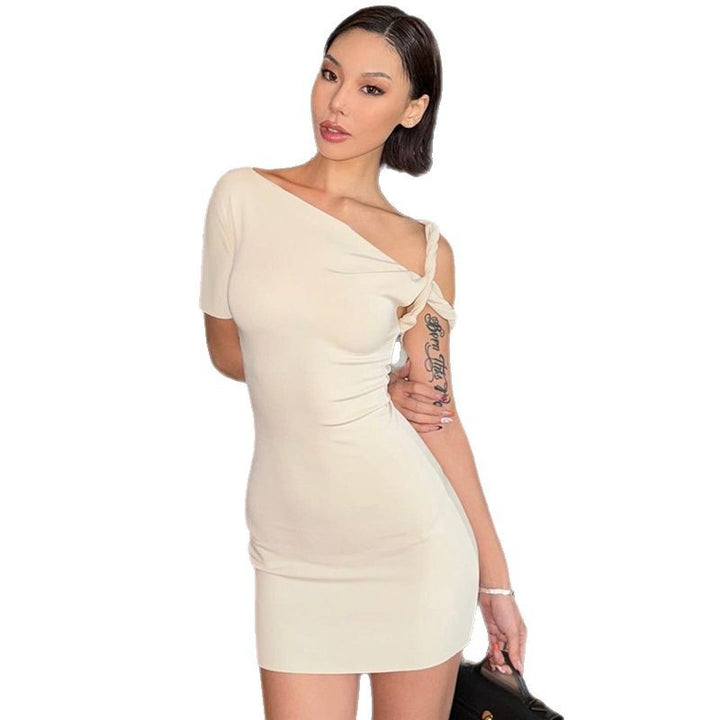 Damen figurbetontes Minikleid mit asymmetrischem Ausschnitt und verspieltem Knotendetail Drune