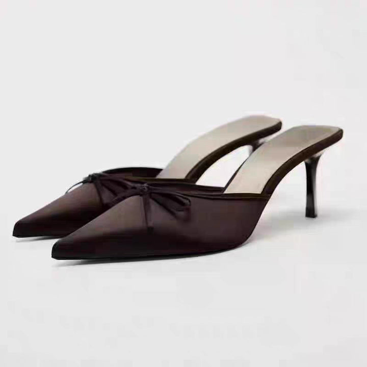 Damen Spitz zulaufende Satinähnliche Mule mit zierlicher Schleifen-Applikation und schlankem Stiletto-Absatz Drune