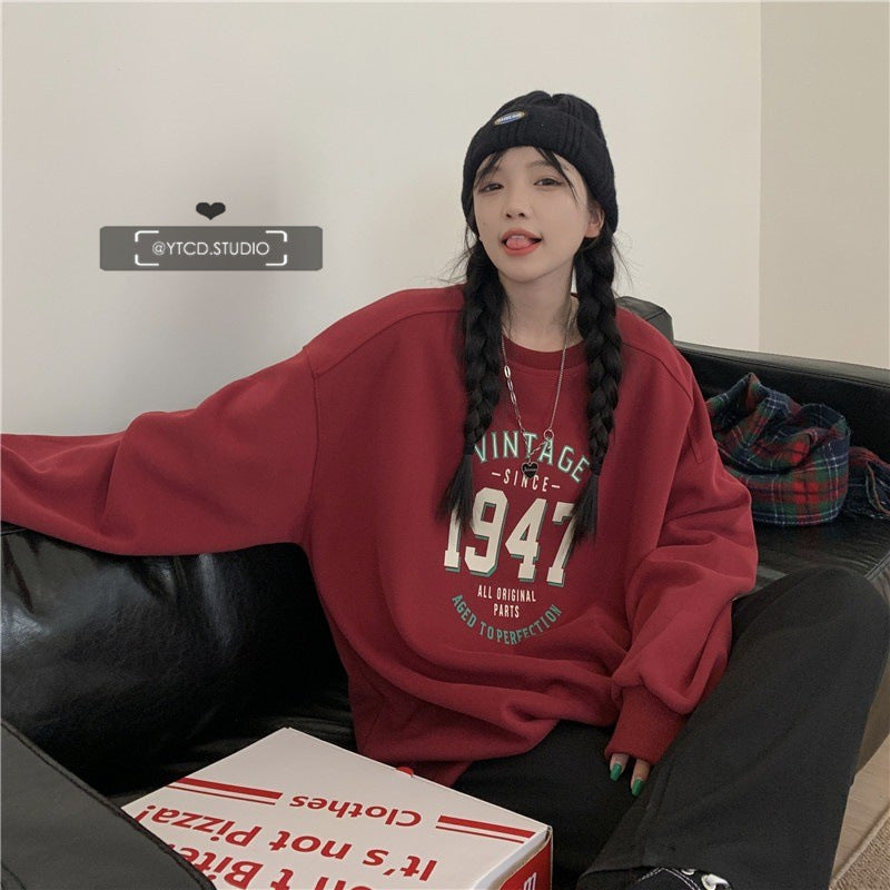 Damen lässiger Oversized Sweatshirt mit Vintage-Druck Drune