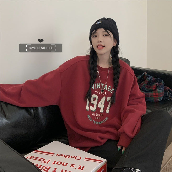 Damen lässiger Oversized Sweatshirt mit Vintage-Druck Drune