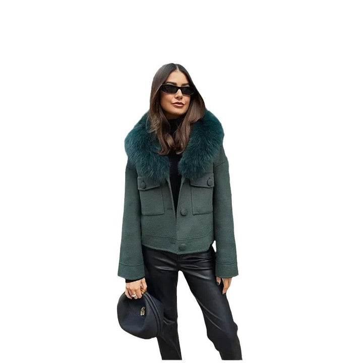 Damen Elegante Wolljacke mit luxuriösem Kunstfellkragen Drune