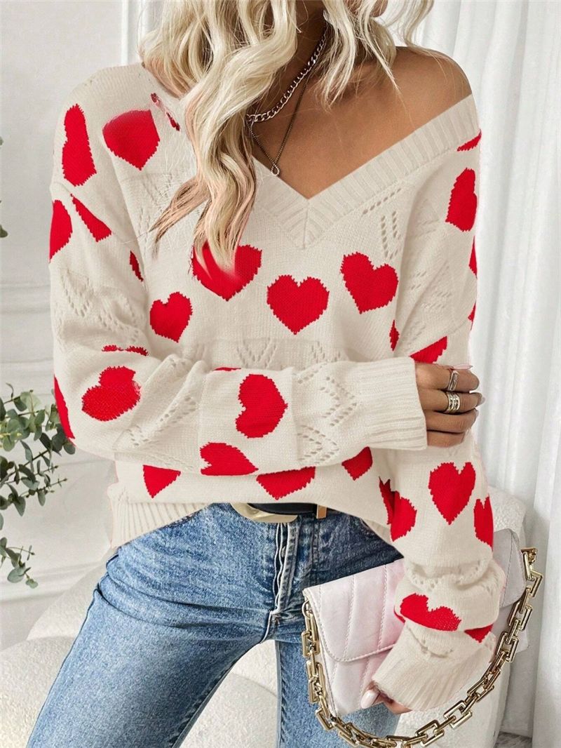 Damen kuscheliger Pullover mit herzförmigem Muster und V-Ausschnitt Drune
