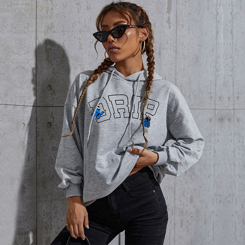 Damen Oversize-Kapuzenpullover mit Kängurutasche und Schmetterling-Stickerei Drune