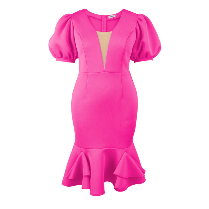 Damen figurbetontes Kleid mit voluminösen Puffärmeln und Rüschenabschluss Drune