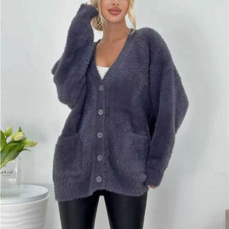 Damen Flauschiger Oversize-Knopfcardigan mit tiefem V‑Ausschnitt und aufgesetzten Taschen Drune
