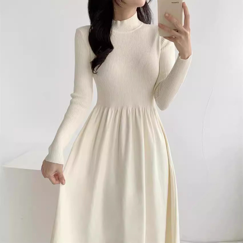 Damen elegantes Strickkleid mit hohem Kragen und fließendem Rock Drune
