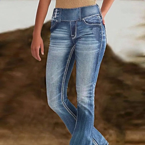 Damen High-Waist Bootcut-Jeans mit sculptender Nahtführung und leichtem Vintage-Finish Drune