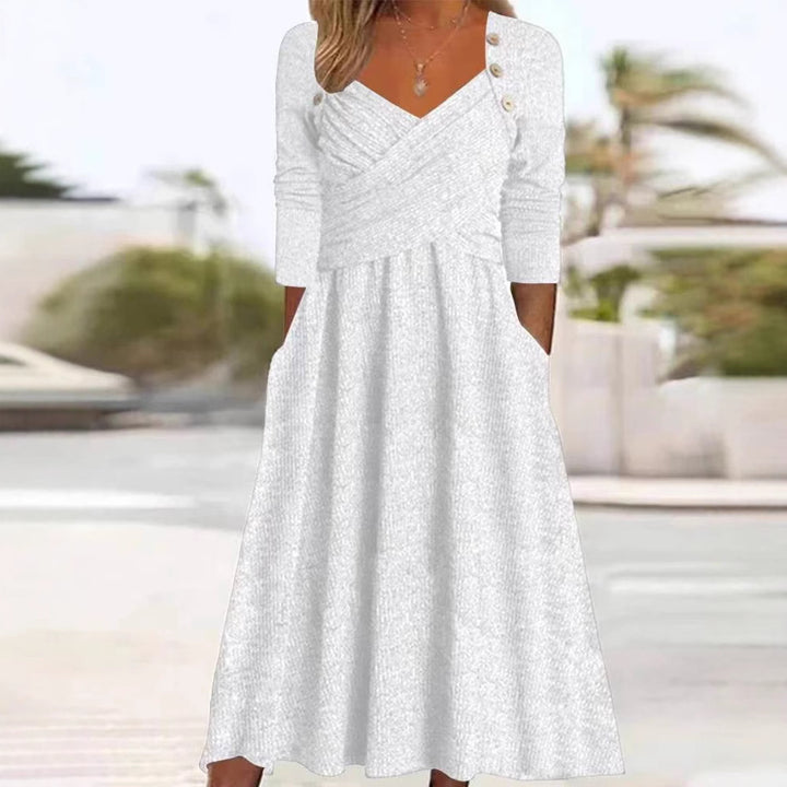 Damen nan legeres Strick-Maxikleid mit Wickeloberteil V-Ausschnitt Eingrifftaschen und Zierknopfleiste Drune