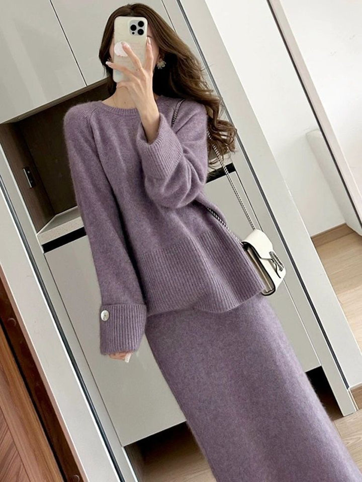 Damen gemütliches Strickensemble mit Pullover und Maxi-Rock Drune