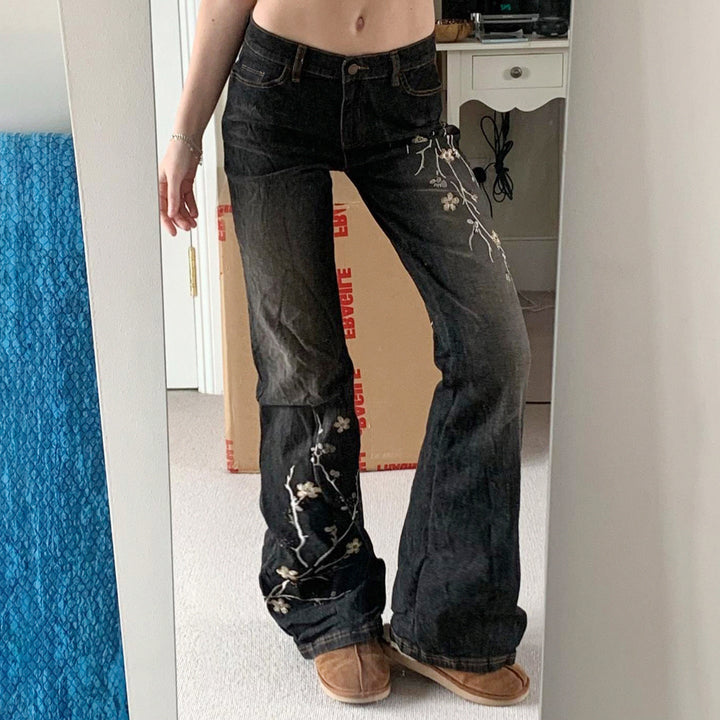 Damen Flared Jeans mit floralem Stickdesign und hohem Taillenbund Drune
