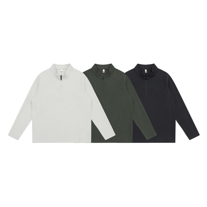 Unisex Waffelstrick-Halbzip-Pullover mit Troyerkragen und Raglanärmeln Drune