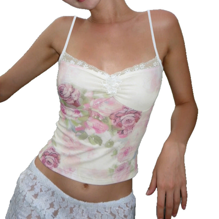 Damen Spitzen-Trägertop mit floralem Druck und zarten Details Drune