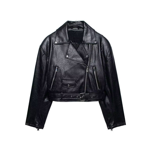 Damen Kurz geschnittene Bikerjacke in Lederoptik mit Taillengürtel Drune
