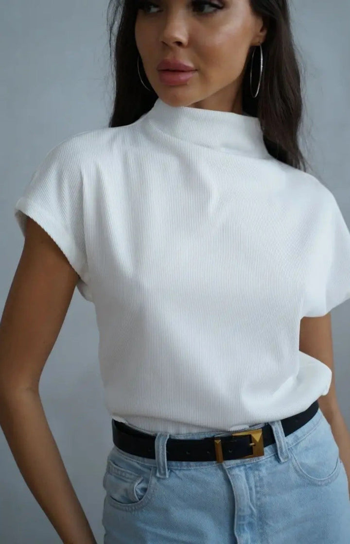 Damen modernes Kurzarm-Oberteil mit hohem Stehkragen und strukturiertem Design Drune