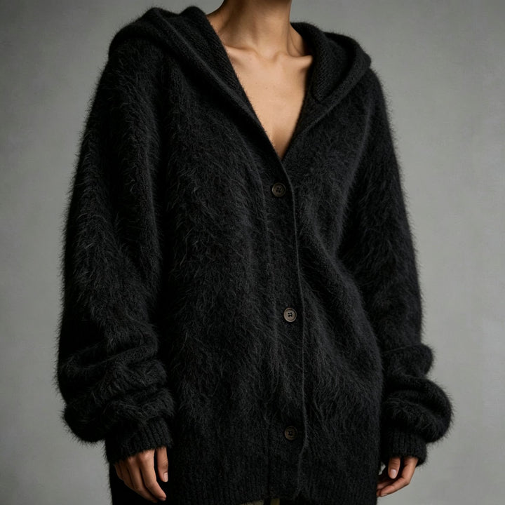 Damen Flauschiger Kapuzen-Cardigan im Mohair-Look mit Knopfleiste Drune
