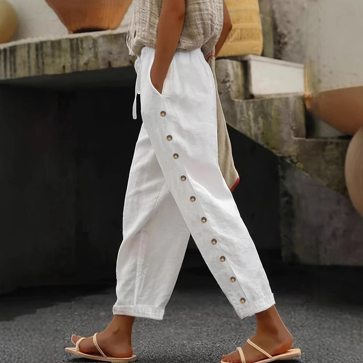 Damen Leichte Leinenhose mit hoher Taille, Kordelzug und seitlicher Druckknopf-Detailierung Drune