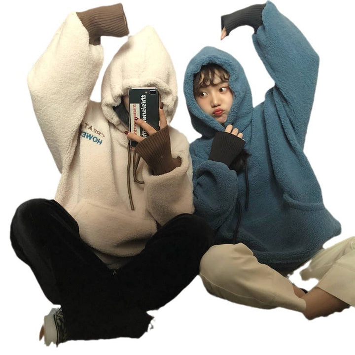 Damen kuscheliger Kapuzenpullover im Oversized-Stil mit vorderer Kängurutasche und elastischen Bündchen Drune