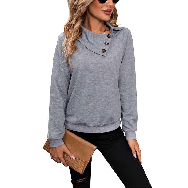 Damen bequemer Sweatshirt mit modischem Kragen und Knopfdetail Drune