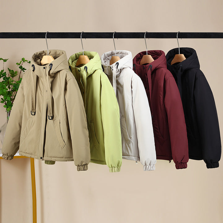 Damen Kurze Thermo-Kapuzenjacke mit Tunnelzug, Winddichter Außenhülle und elastischen Bündchen Drune