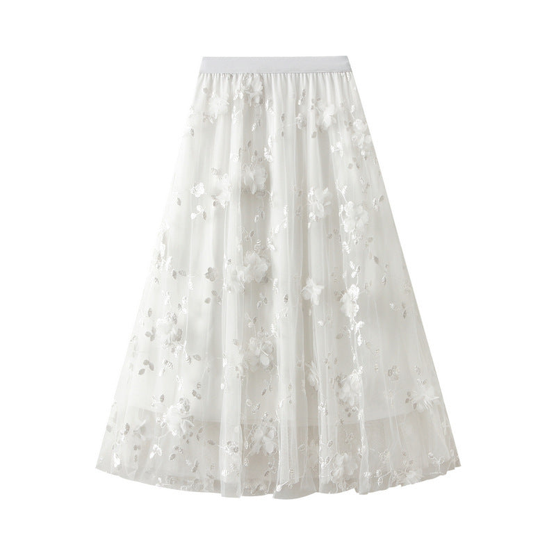 Damen Floral Bestickter Tüll Maxi Rock Drune
