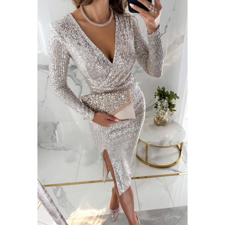 Damen Glamouröses Abendkleid mit schimmerndem Paillettenbesatz und tiefem V-Ausschnitt Drune