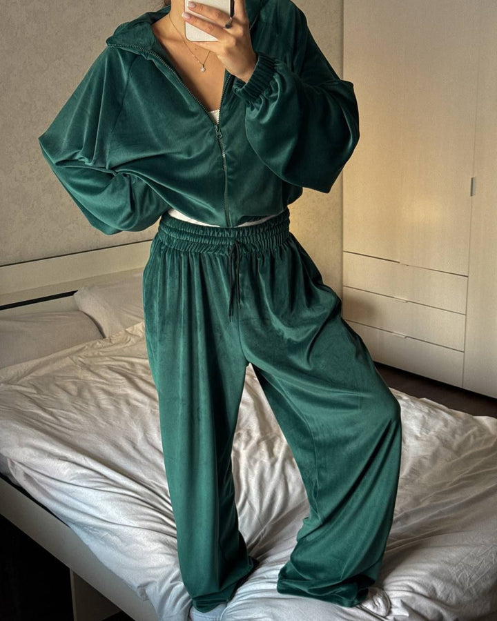 Damen lässiges Lounge-Zweiteiler Set mit Oversize Zipjacke und weitem Bundhose Drune