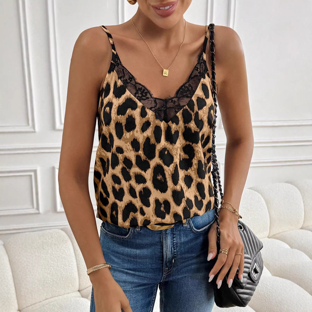 Damen Elegantes Top mit transparentem Spitzenbesatz im Animal Print Drune