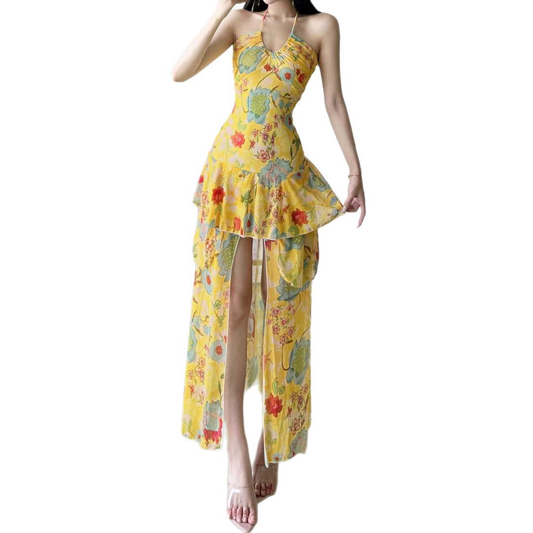 Damen Maxi-Kleid mit floralen Rüschen und tiefem V-Ausschnitt Drune