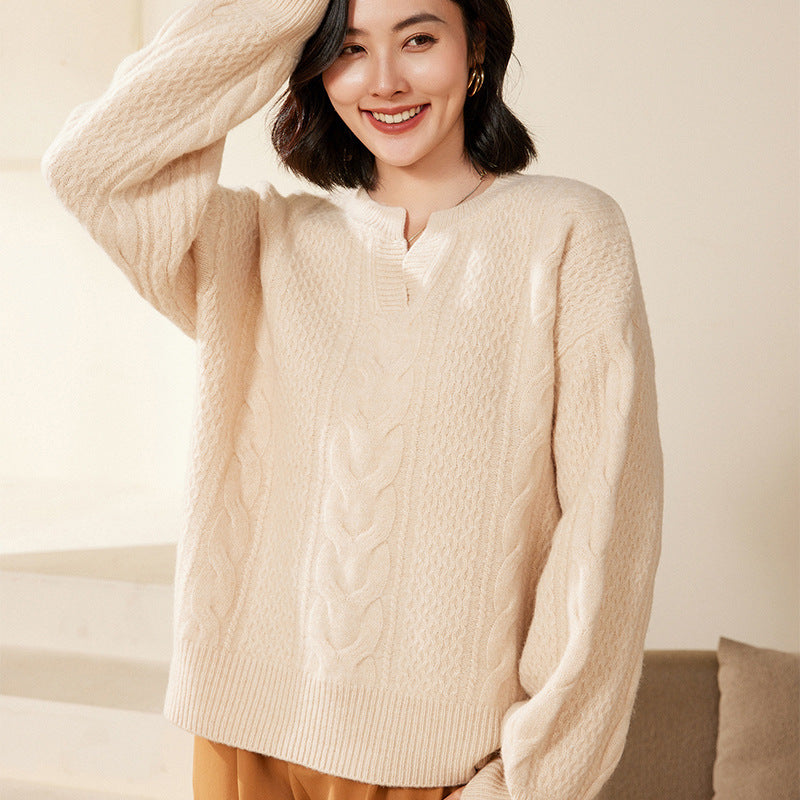 Damen Oversize Zopfstrick-Pullover mit V‑Einsatz und kaschmirähnlicher Weichheit Drune