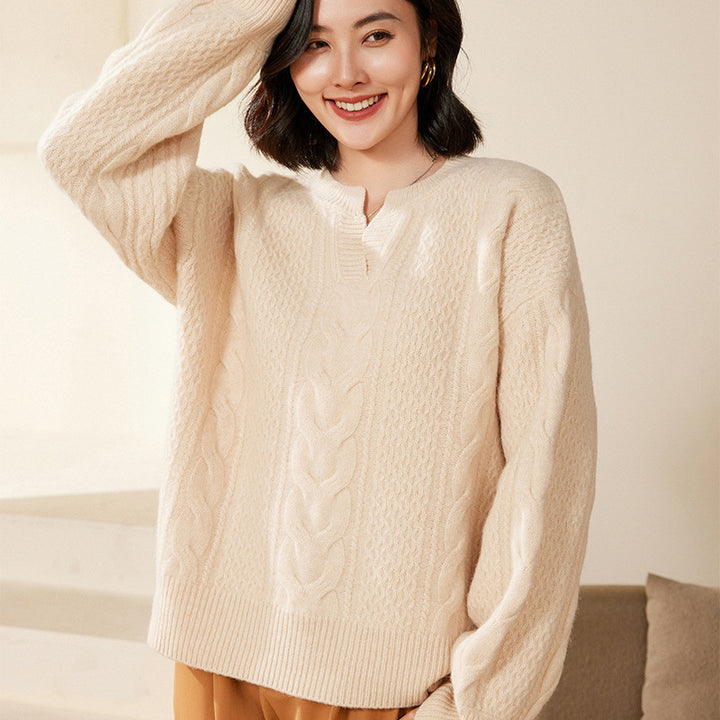 Damen Oversize Zopfstrick-Pullover mit V‑Einsatz und kaschmirähnlicher Weichheit Drune