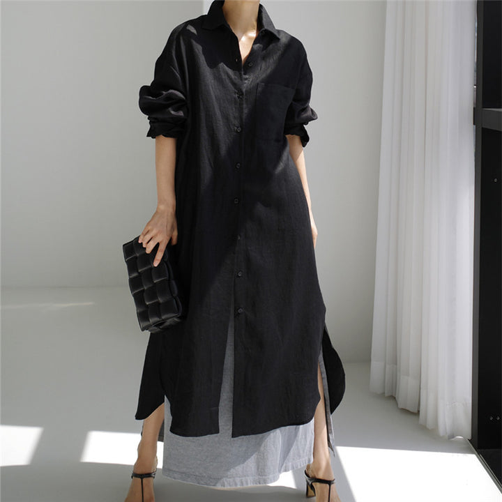 Damen Langes Leichtes Hemdblusen-Midaxi-Kleid mit Kentkragen und hohen Seitenschlitzen Drune
