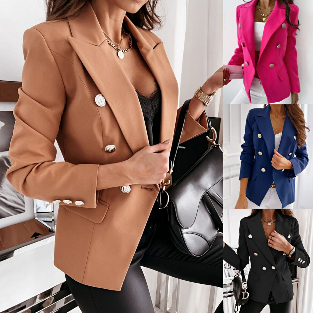 Damen nan Doppelreihiger Blazer mit Reverskragen, Strukturierter Passform und Zierknöpfen Drune