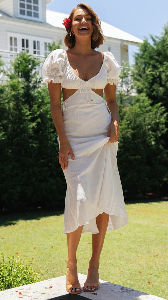 Damen elegantes Maxi Kleid mit puffärmeligen Design und seitlichem Schlitz Drune