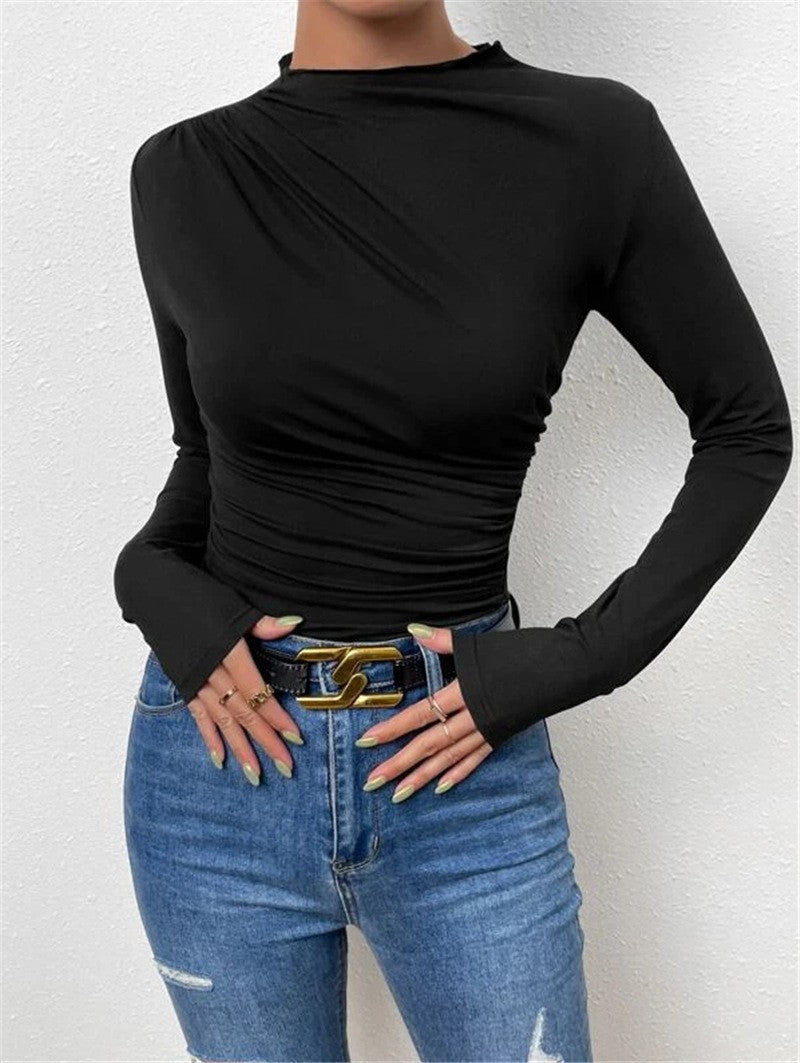 Damen nan figurbetontes Langarmshirt mit asymmetrischer Raffung am Vorderteil und U-Boot-Ausschnitt Drune