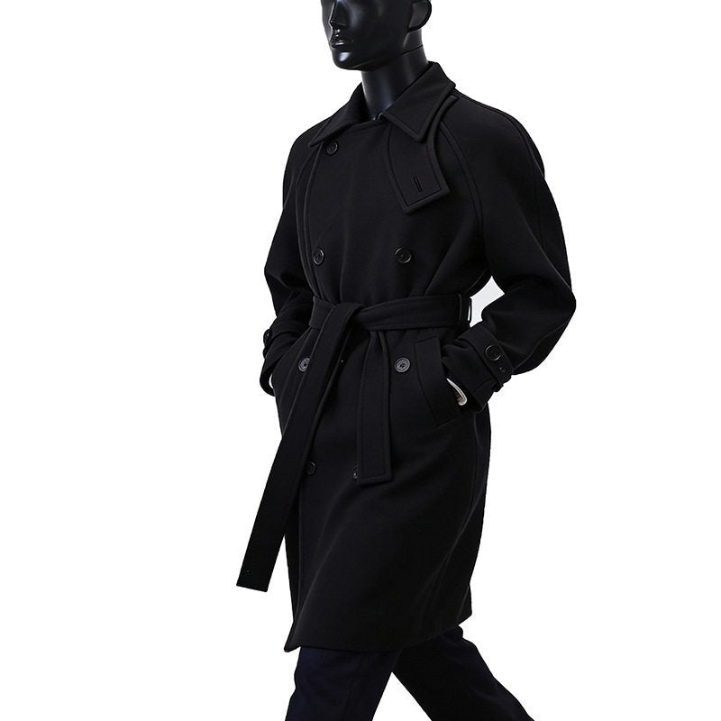Herren Dramatisch geschnittener Doppelreihiger Wollmix-Longcoat mit Kragenlaschen und Bindegürtel Drune