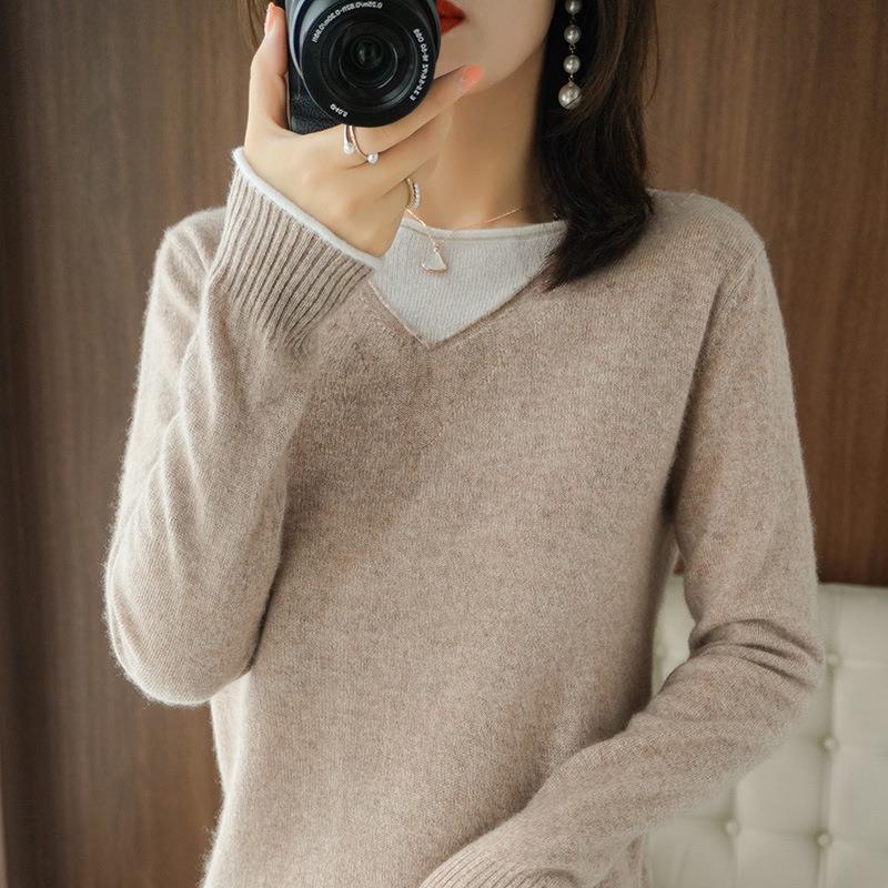 Damen Weicher V‑Ausschnitt-Pullover aus Kaschmir‑Look mit kontrastierter Kantenverzierung Drune