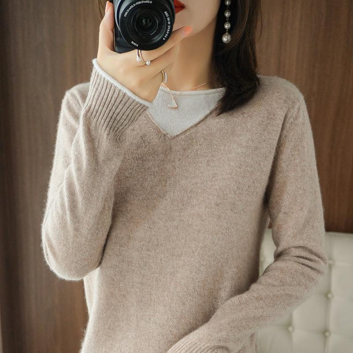 Damen Weicher V‑Ausschnitt-Pullover aus Kaschmir‑Look mit kontrastierter Kantenverzierung Drune