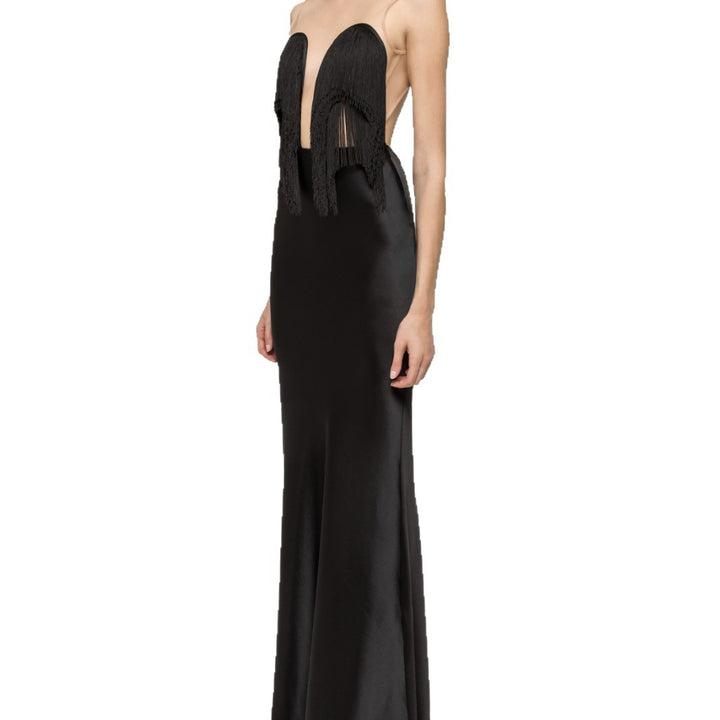 Damen Langärmliges Maxikleid mit tiefem V-Ausschnitt und fransierten Details Drune