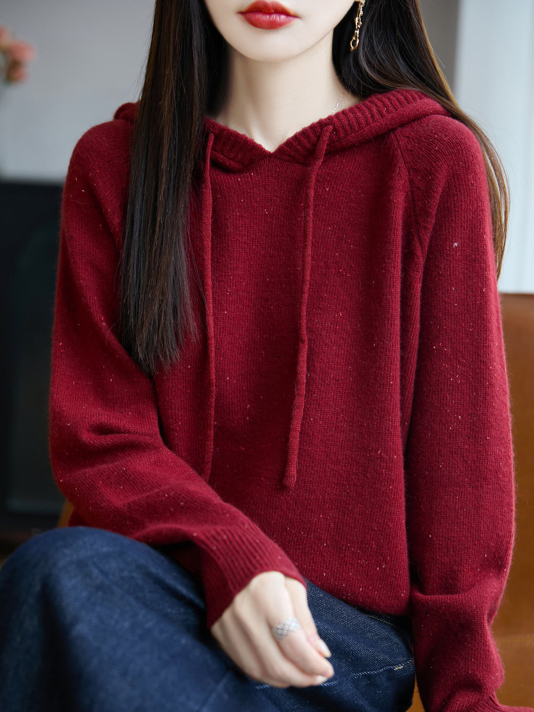 Damen Weicher Feinstrick-Kapuzenpullover mit Nep‑Garn und gerippten Bündchen Drune