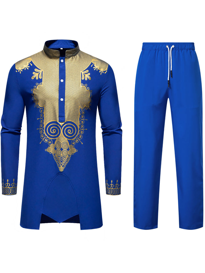 Herren Traditionelles Tunika-Set mit Mandarinkragen und goldverzierten Ornamenten Drune