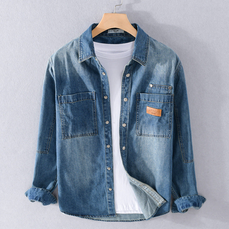 Herren Vintage-Jeanshemdjacke im Overshirt-Look mit Druckknöpfen und Kontrastnähten Drune