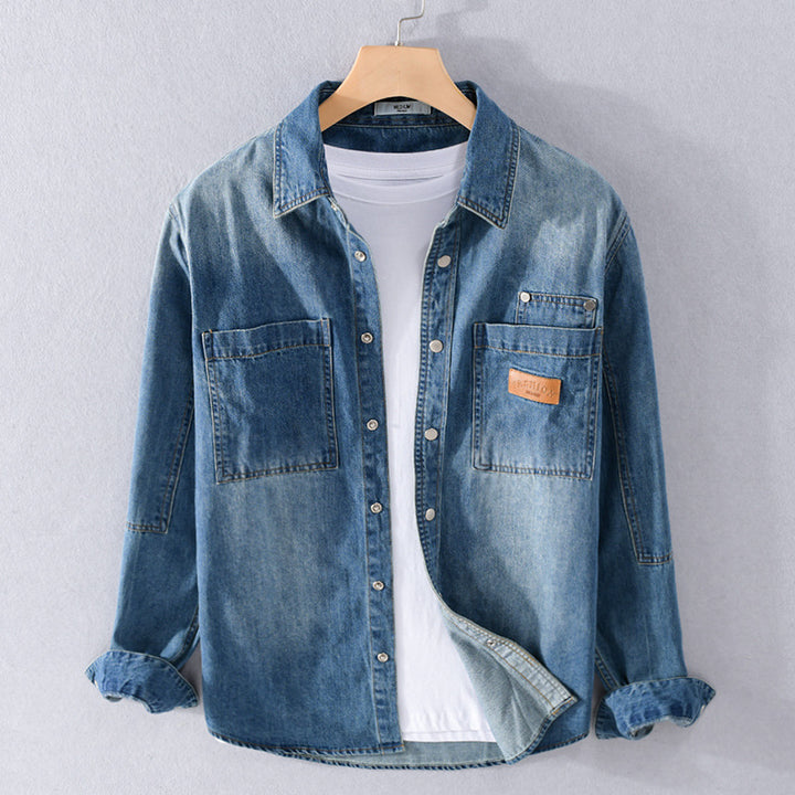 Herren Vintage-Jeanshemdjacke im Overshirt-Look mit Druckknöpfen und Kontrastnähten Drune